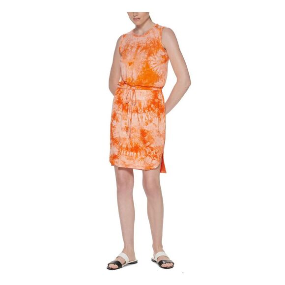 NWT CALVIN KLEIN Womens Orange Drawstring Waist Sleeveless Sheath Dress 2 - Picture 1 of 2